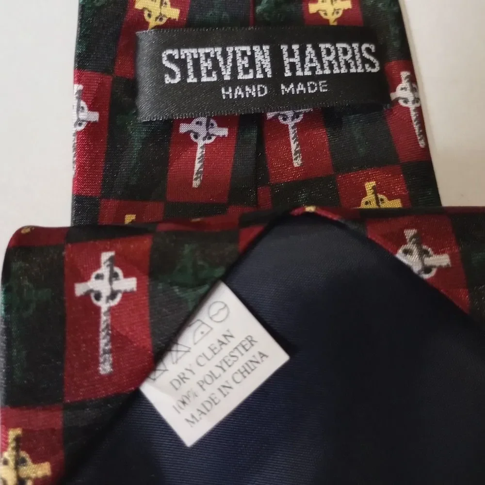 Steven Harris Mens Celtic Cross Checkered Necktie Red Black Handmade Polyester